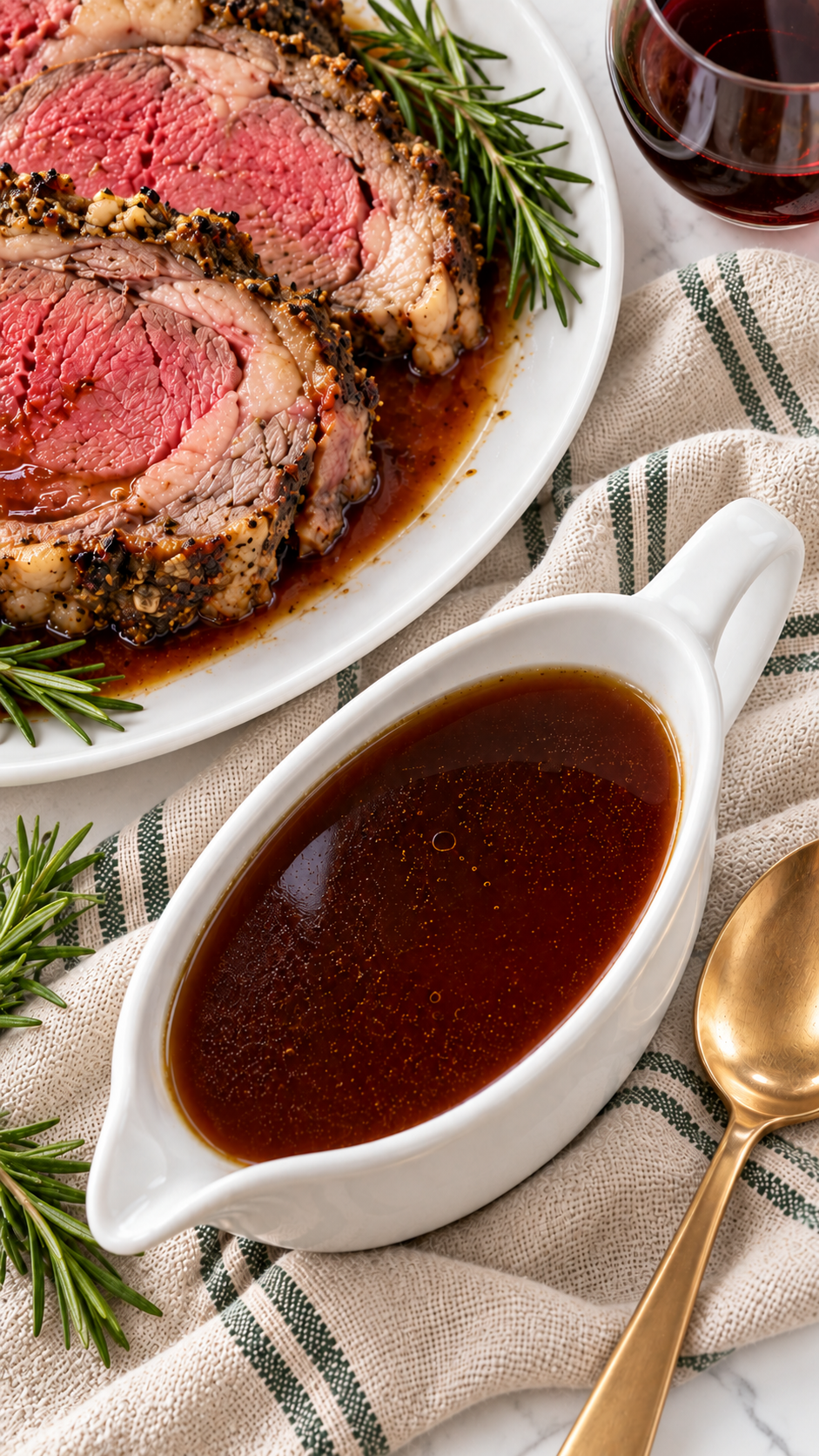 Overhead view of thin mahogany au jus in a white gravy boat with prime rib.