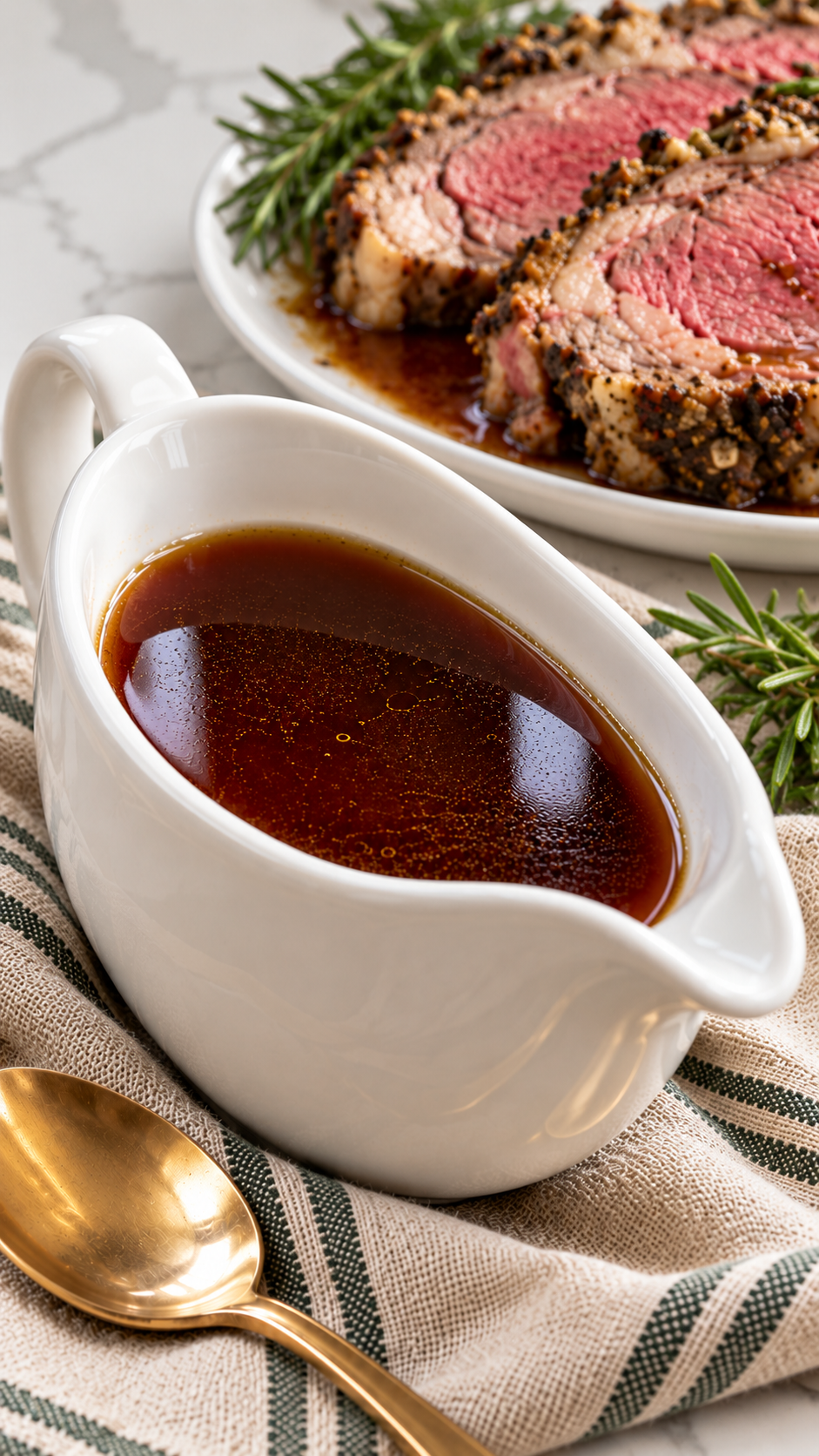 Close view of dark au jus with a white gravy boat and sliced roast beef.