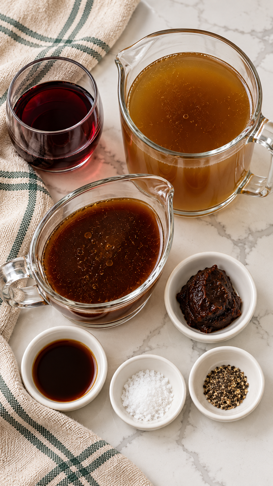 Red wine, skimmed drippings, beef stock, beef base, Worcestershire, salt and pepper for au jus.