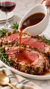 Dark red wine au jus pouring from a white gravy boat over sliced prime rib.