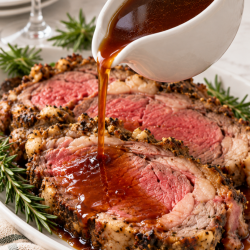 Dark red wine au jus pouring from a white gravy boat over sliced prime rib.