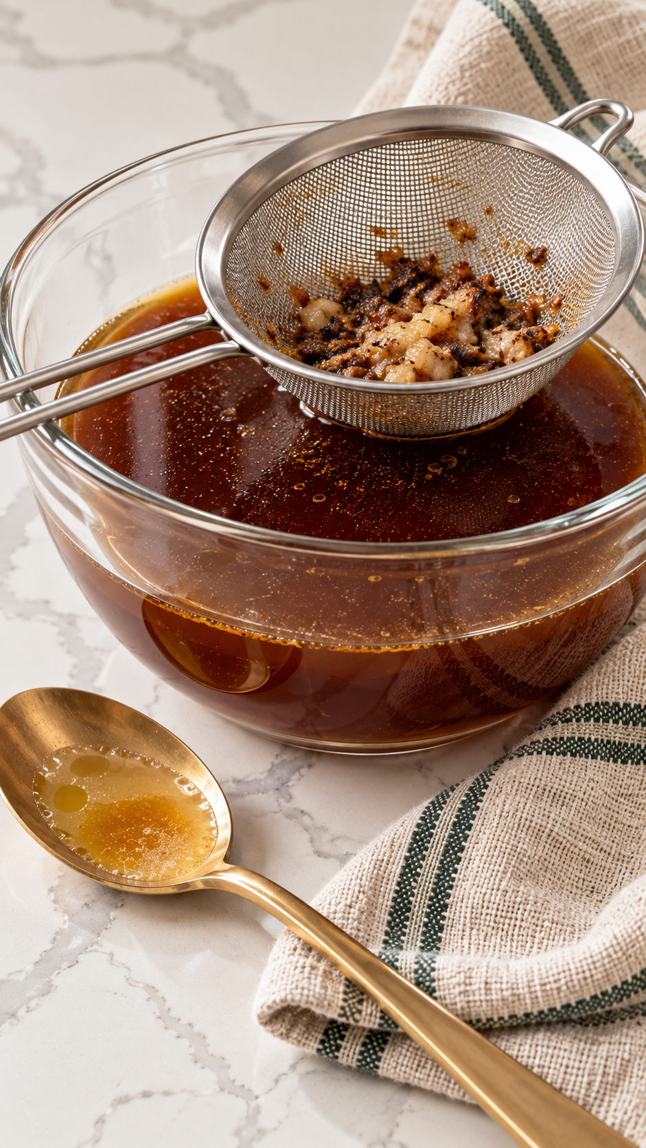 Prime rib pan drippings strained into a bowl with excess fat skimmed away.