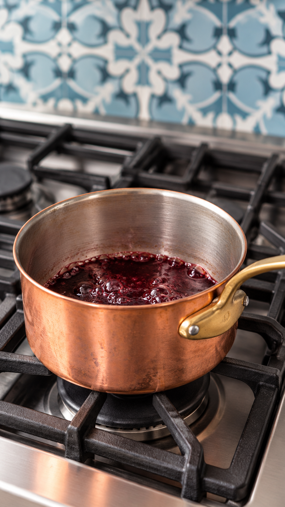 Red wine reducing in a copper saucepan before adding beef stock.