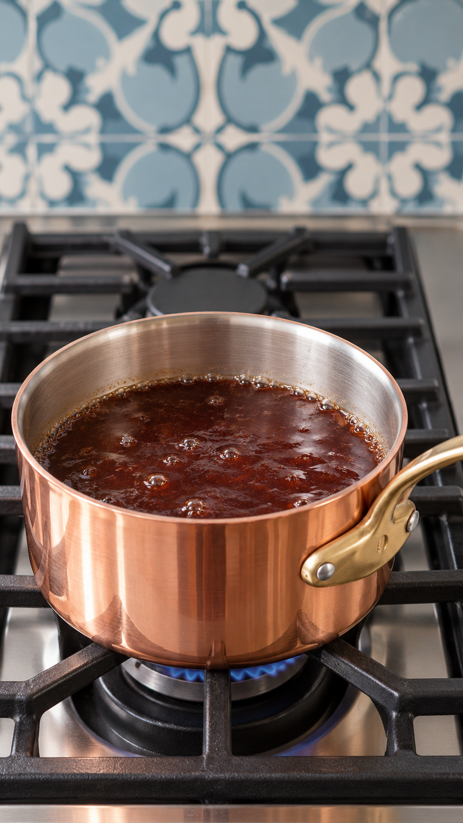 Thin beef au jus simmering uncovered in a copper saucepan.