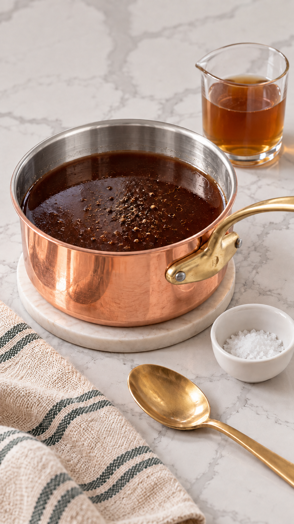 Au jus seasoned with black pepper after simmering.