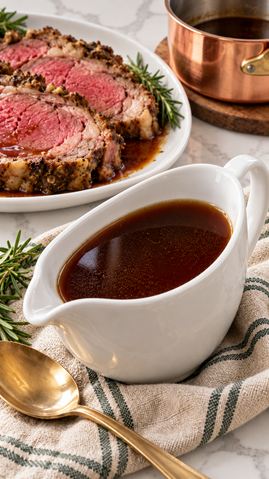 Hot au jus transferred to a white gravy boat for serving.