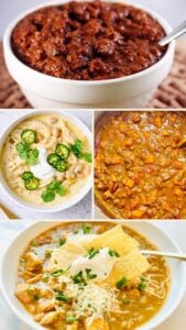 Collage of beef chili con carne, creamy white chicken chili, Guinness pumpkin chili, and Hatch pork green chile.