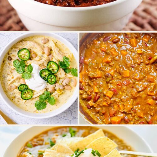 Collage of beef chili con carne, creamy white chicken chili, Guinness pumpkin chili, and Hatch pork green chile.