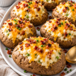 Finished twice baked potatoes with lightly browned cheese and fresh chives