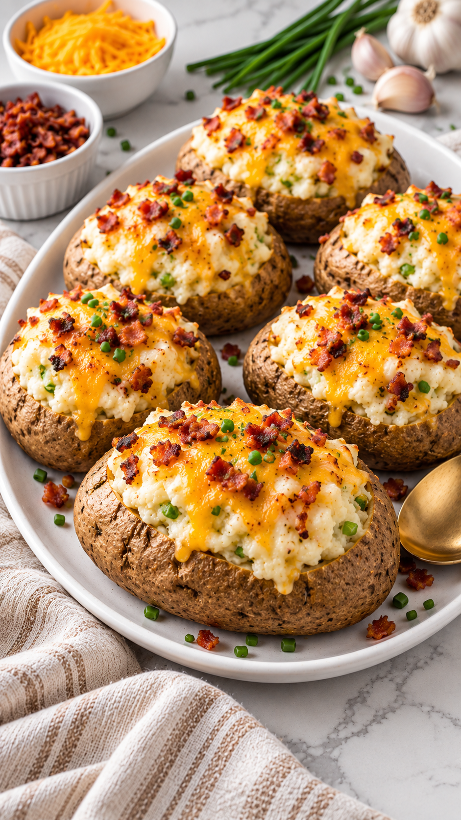 Finished twice baked potatoes with lightly browned cheese and fresh chives