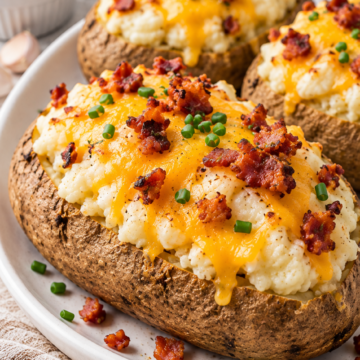 Close view of crisp potato skin and a generous cheesy garlic-herb filling