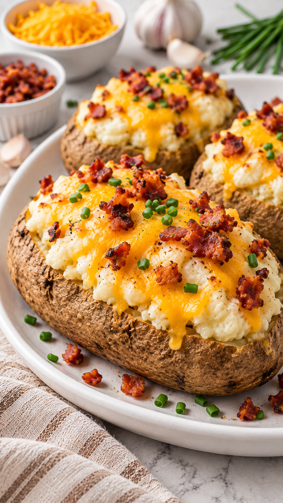 Close view of crisp potato skin and a generous cheesy garlic-herb filling