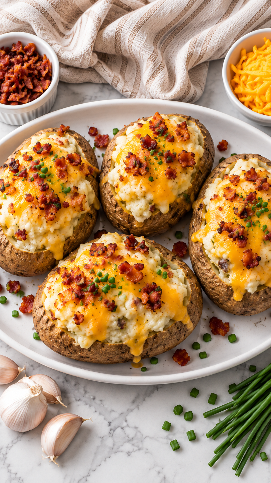 Overhead view of loaded twice baked potatoes on the same white serving platter