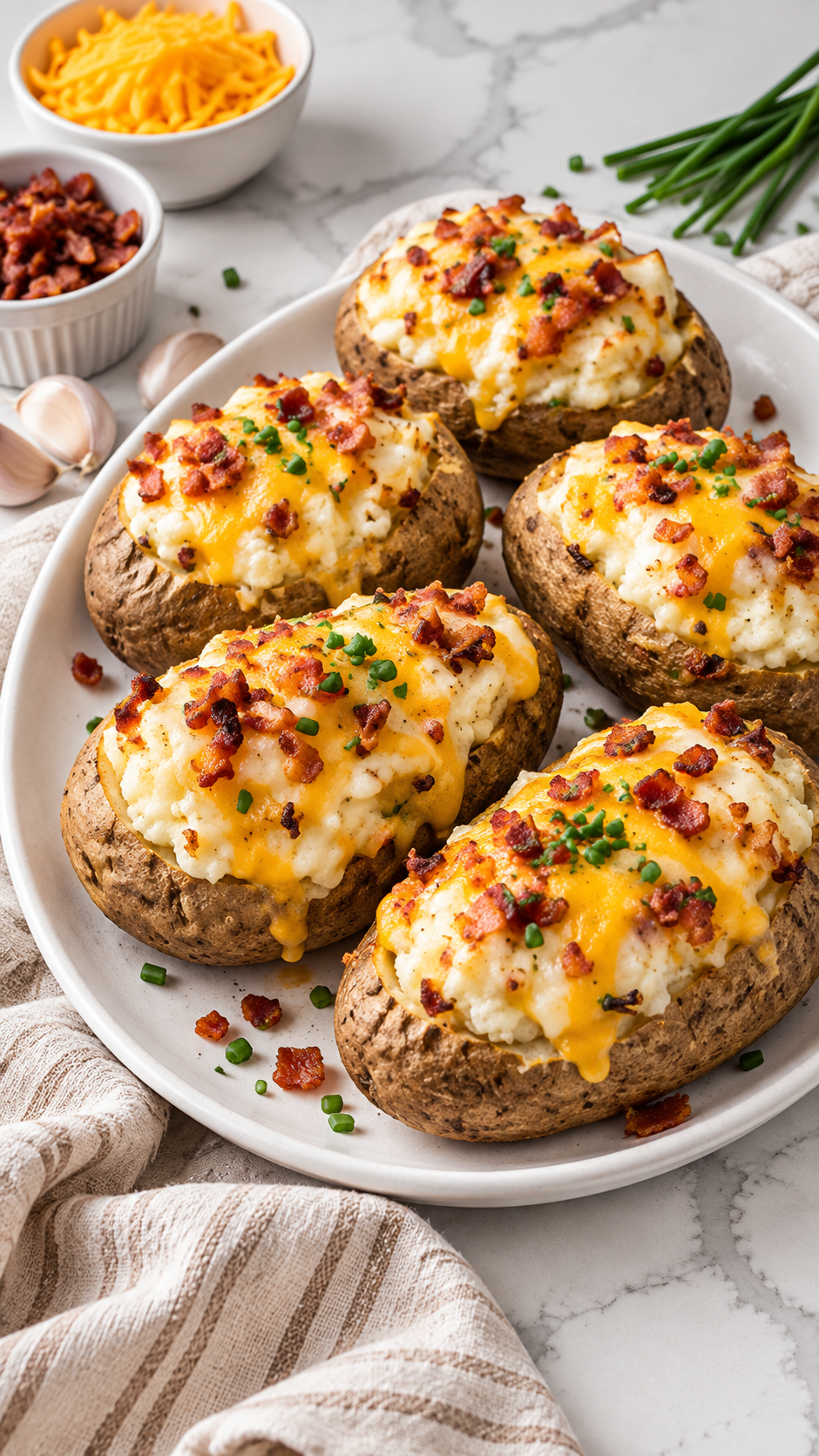 Boursin twice baked potatoes with melted cheddar, bacon, and chives on a white platter