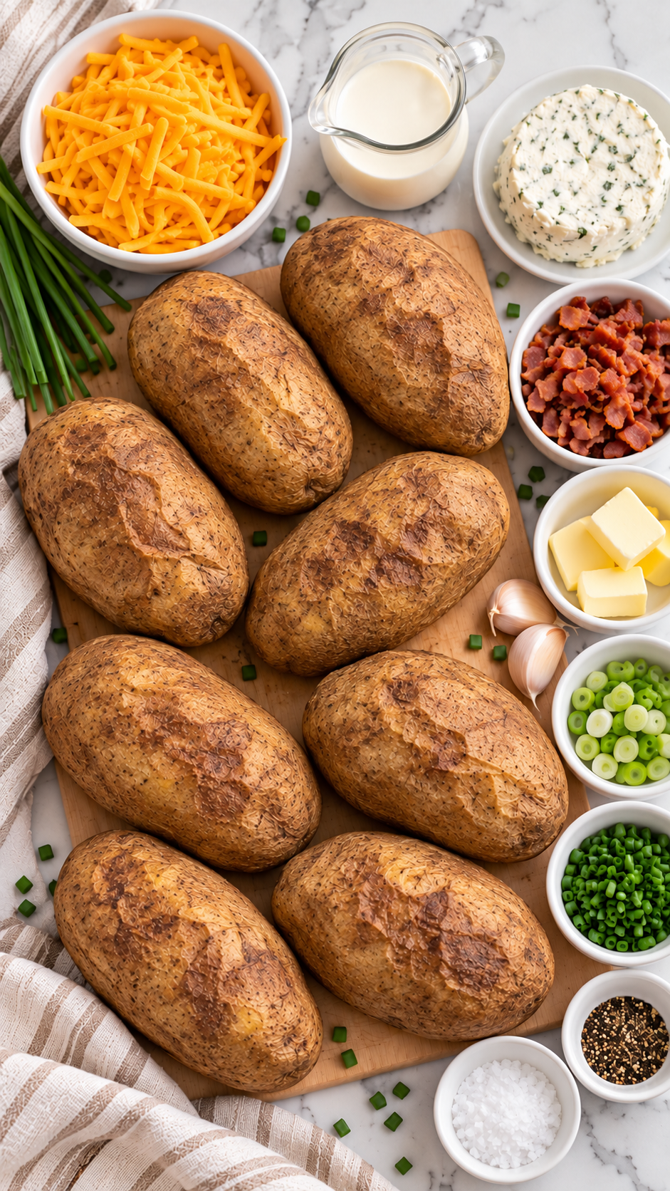 Russet potatoes, butter, half-and-half, garlic-herb cheese, cheddar, bacon, green onions, chives, salt, and pepper