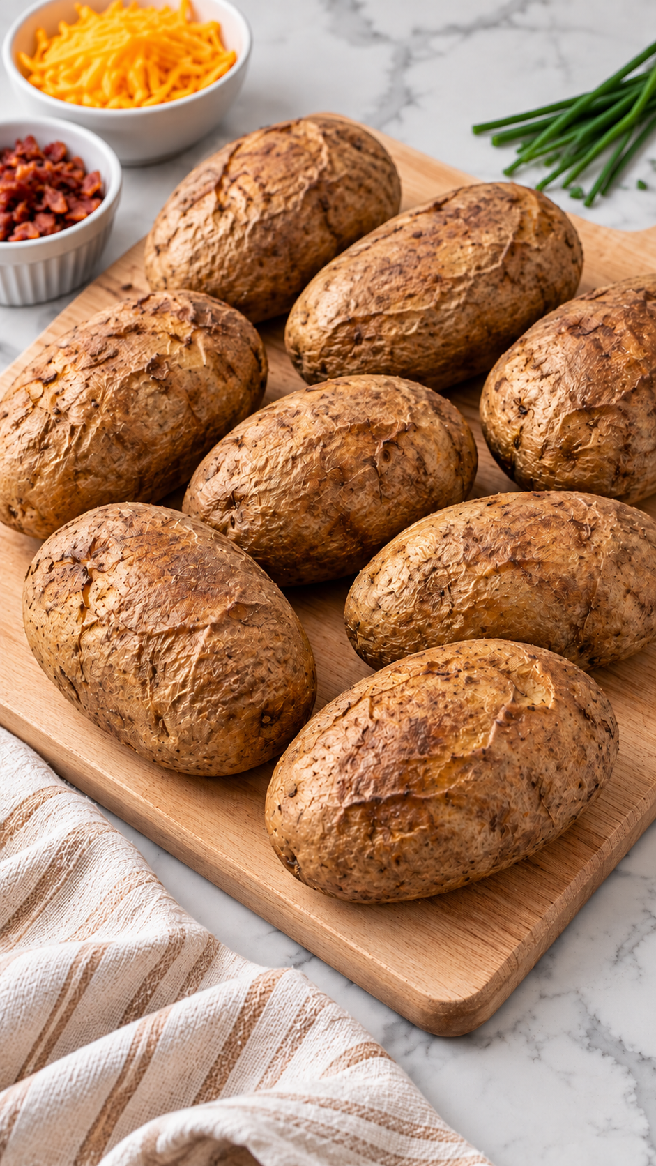 Baked russet potatoes cooling before scooping