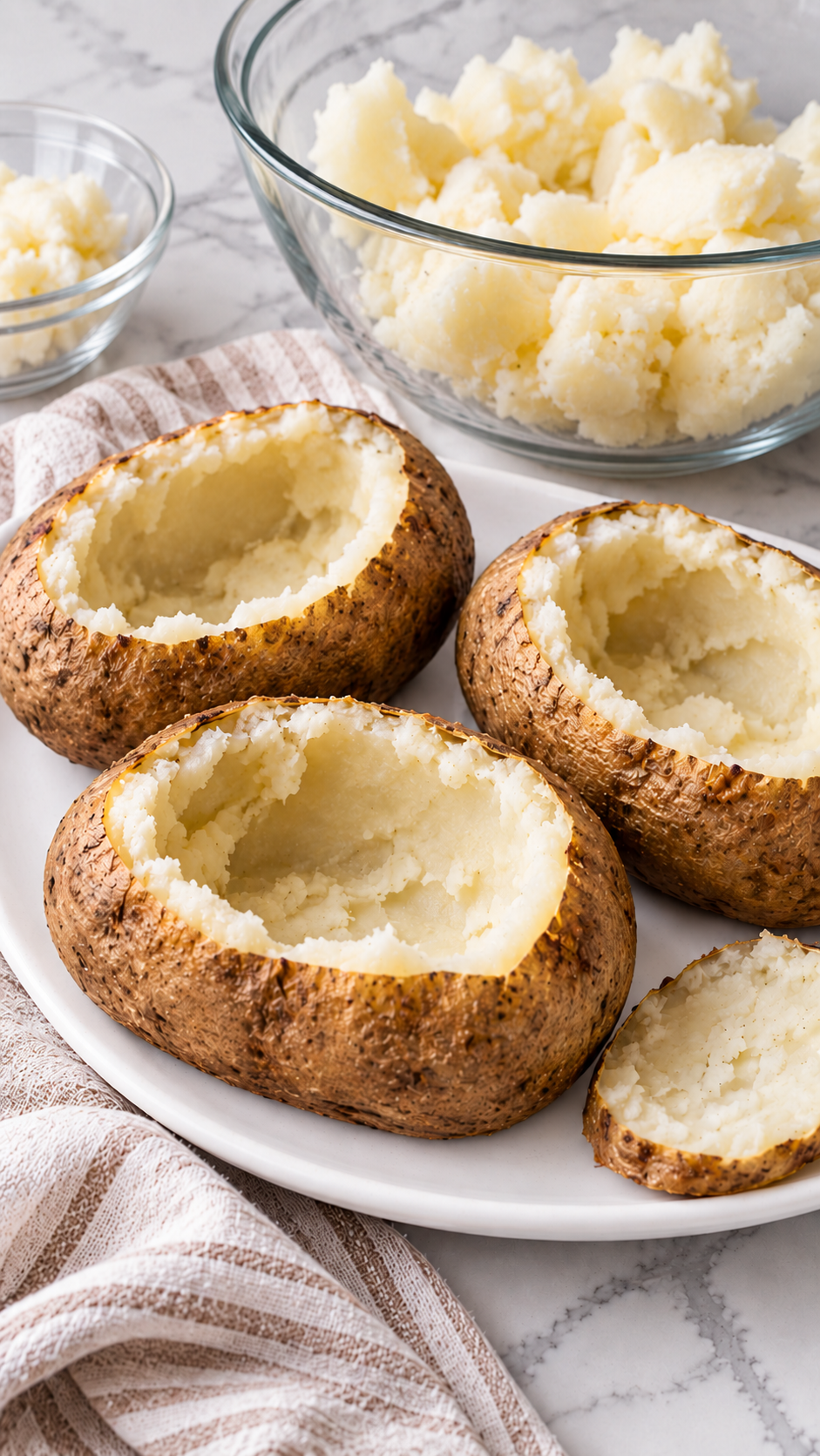Whole potato shells with a thin wall of potato left inside