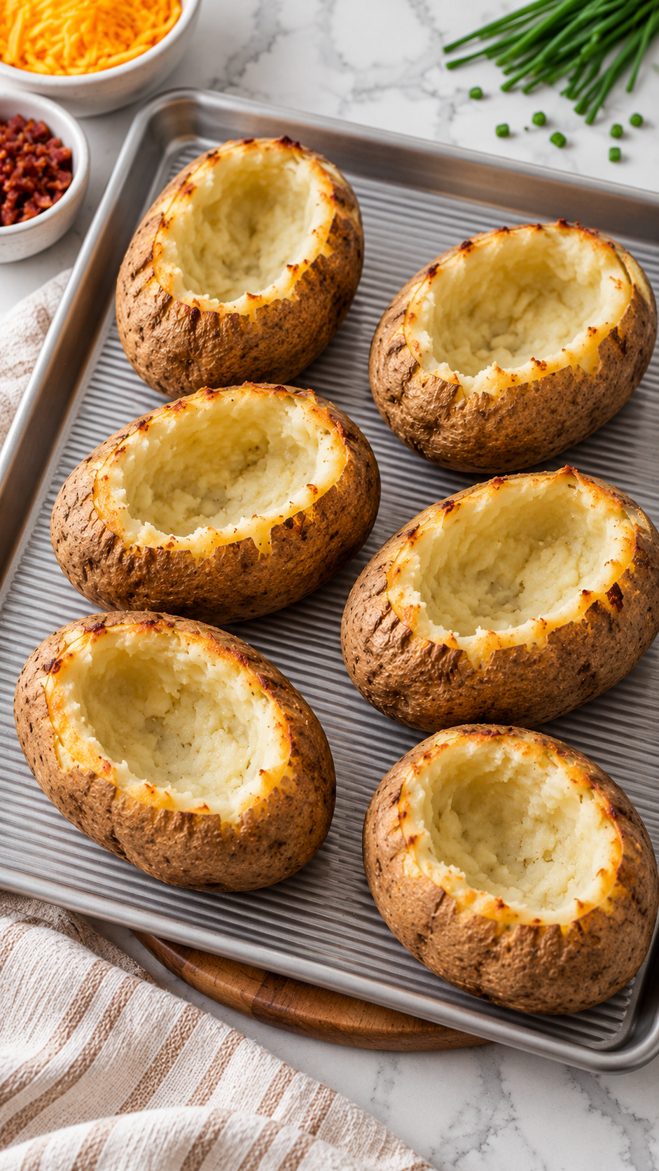 Six empty potato shells with crisp, lightly browned edges