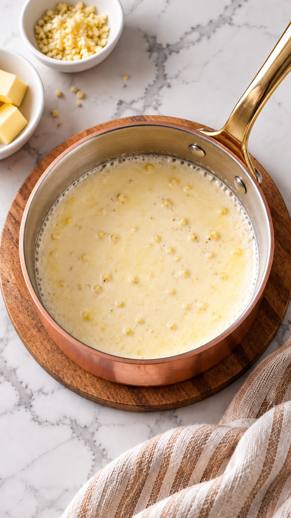 Warm half-and-half and garlic mixture ready to stir into potatoes