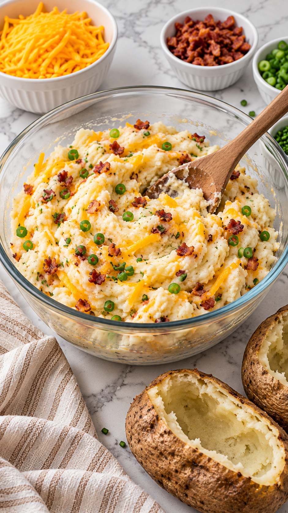 Creamy potato filling folded with cheddar, bacon, green onions, and chives