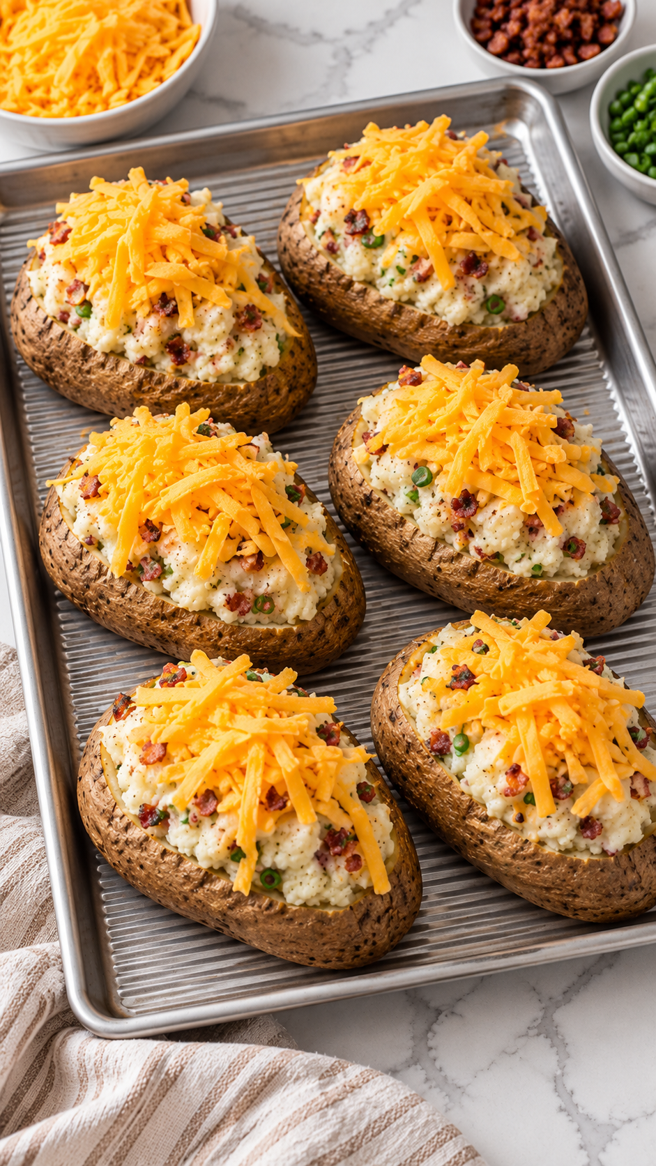 Filled potato shells topped with cheddar before the final bake