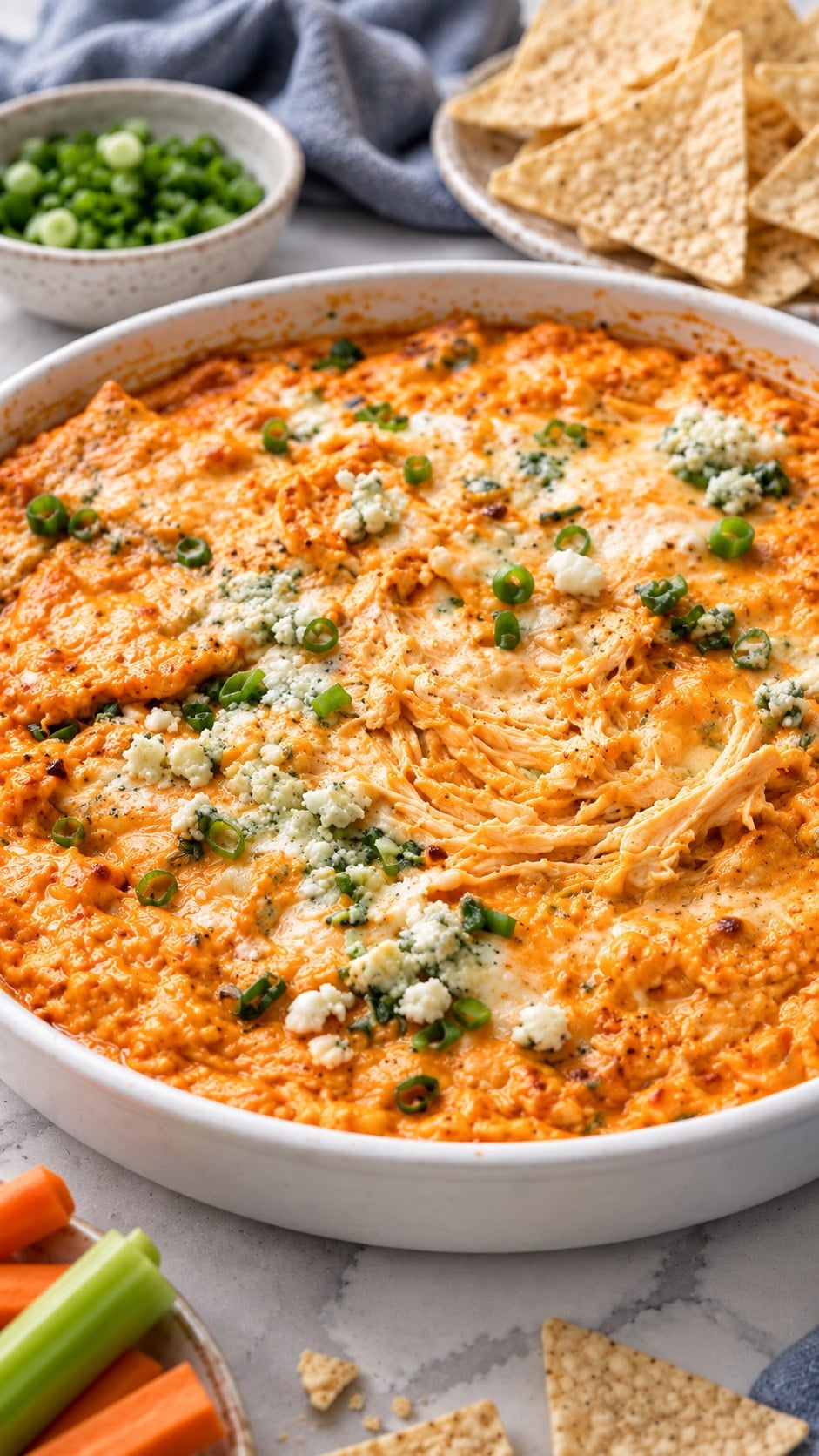 Close-up of shredded chicken in creamy orange buffalo sauce with melted cheese and blue cheese crumbles.