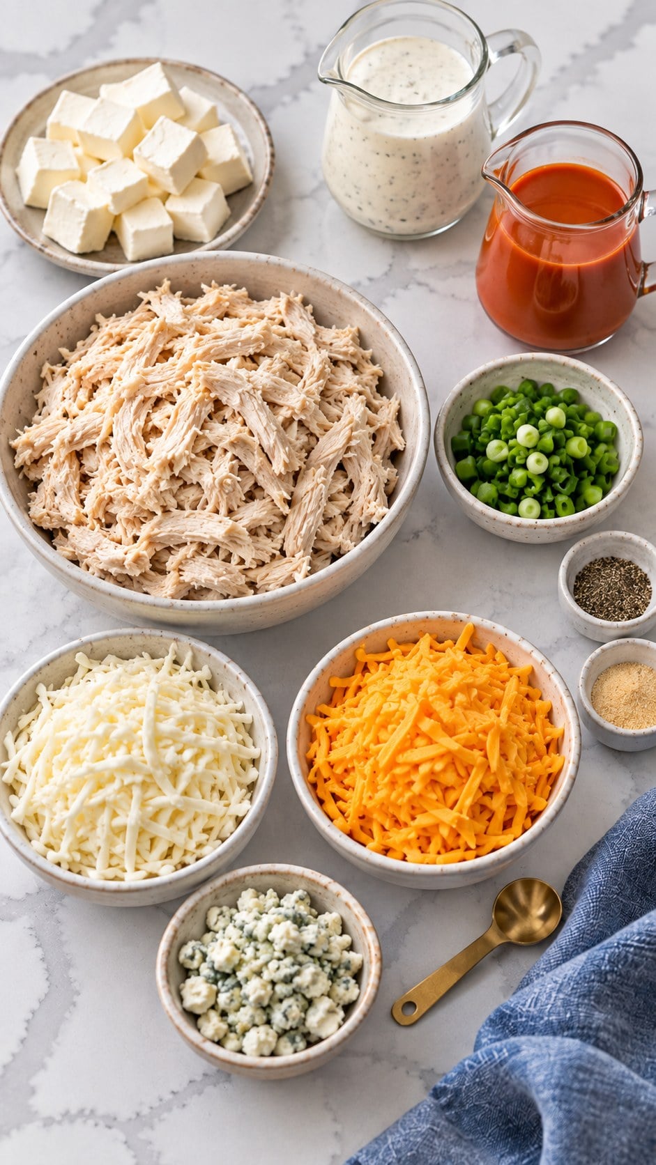 Cooked shredded chicken, cream cheese, ranch dressing, hot sauce, spices, green onions, and three cheeses for buffalo chicken dip.