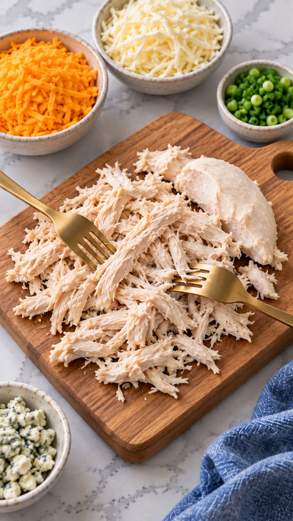 Plain cooked chicken being shredded with two forks on a wooden cutting board.