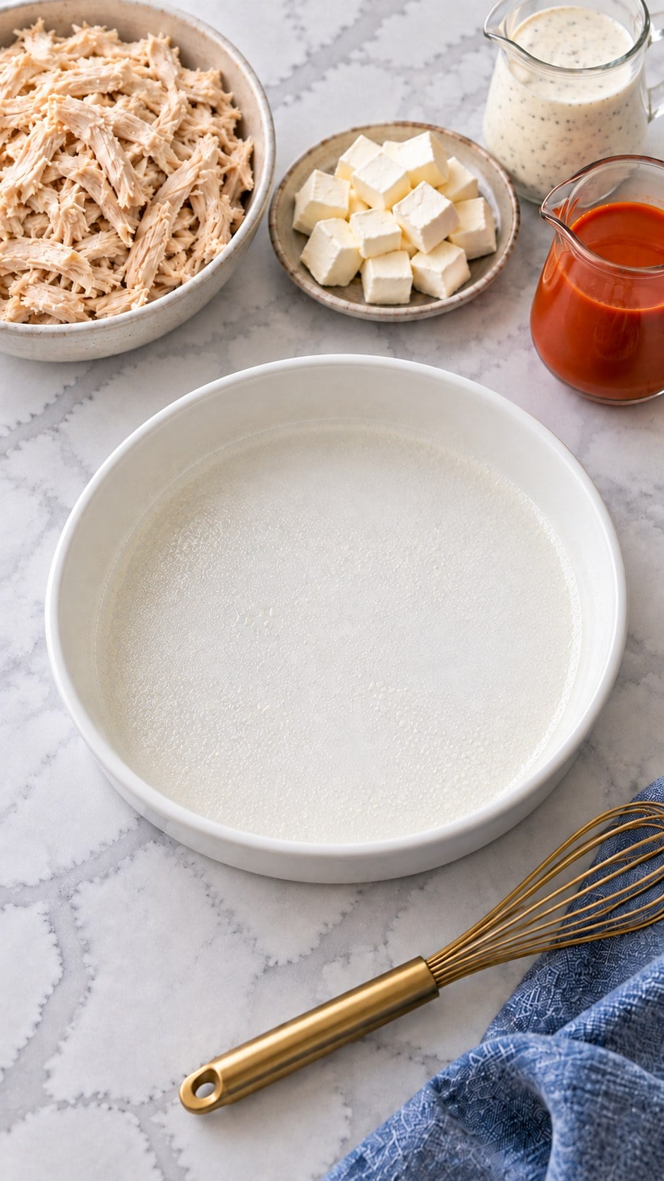 Round white ceramic baking dish lightly coated with cooking spray.