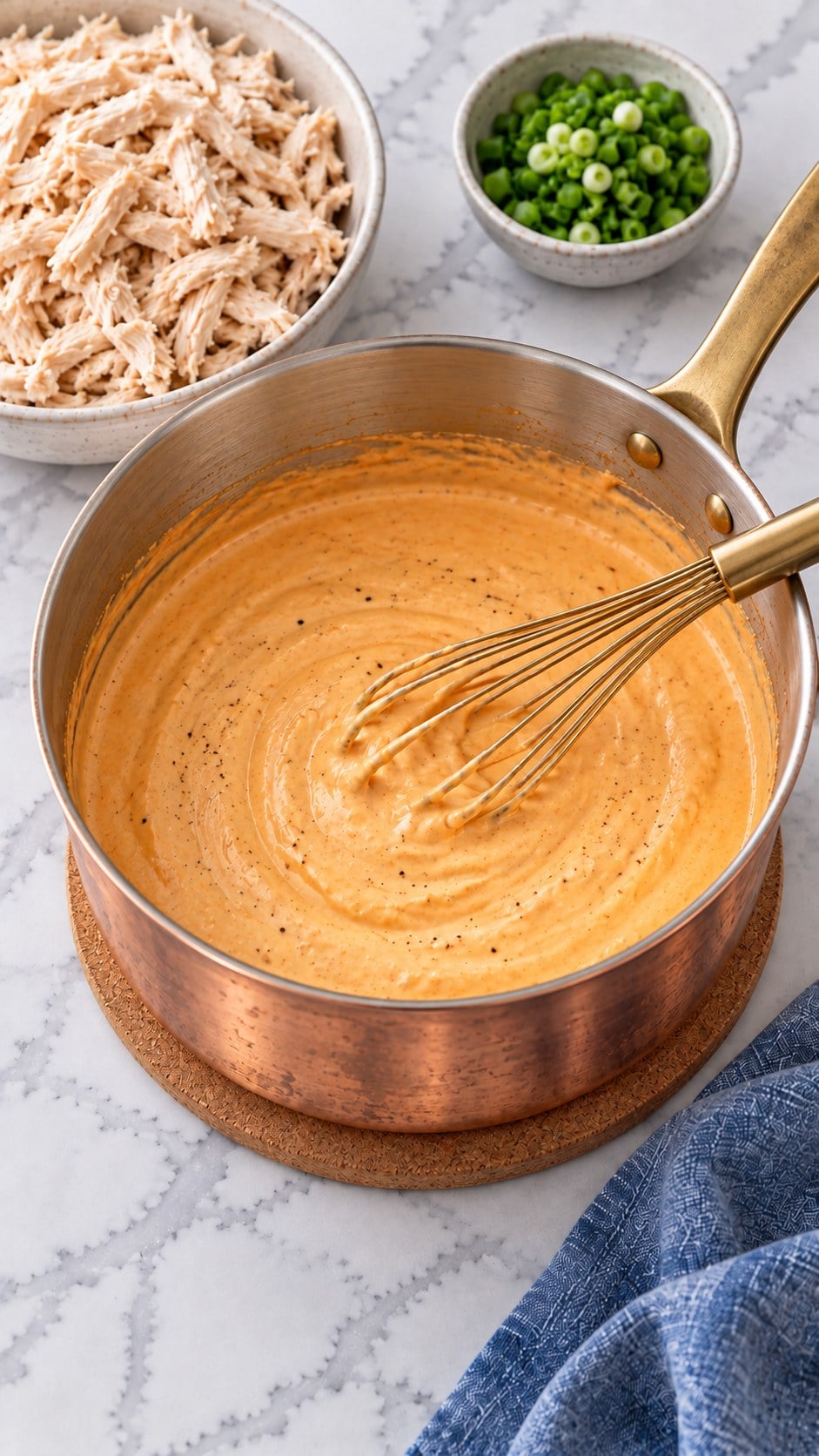 Smooth orange cream cheese, ranch, and hot sauce mixture in a copper saucepan with a whisk.