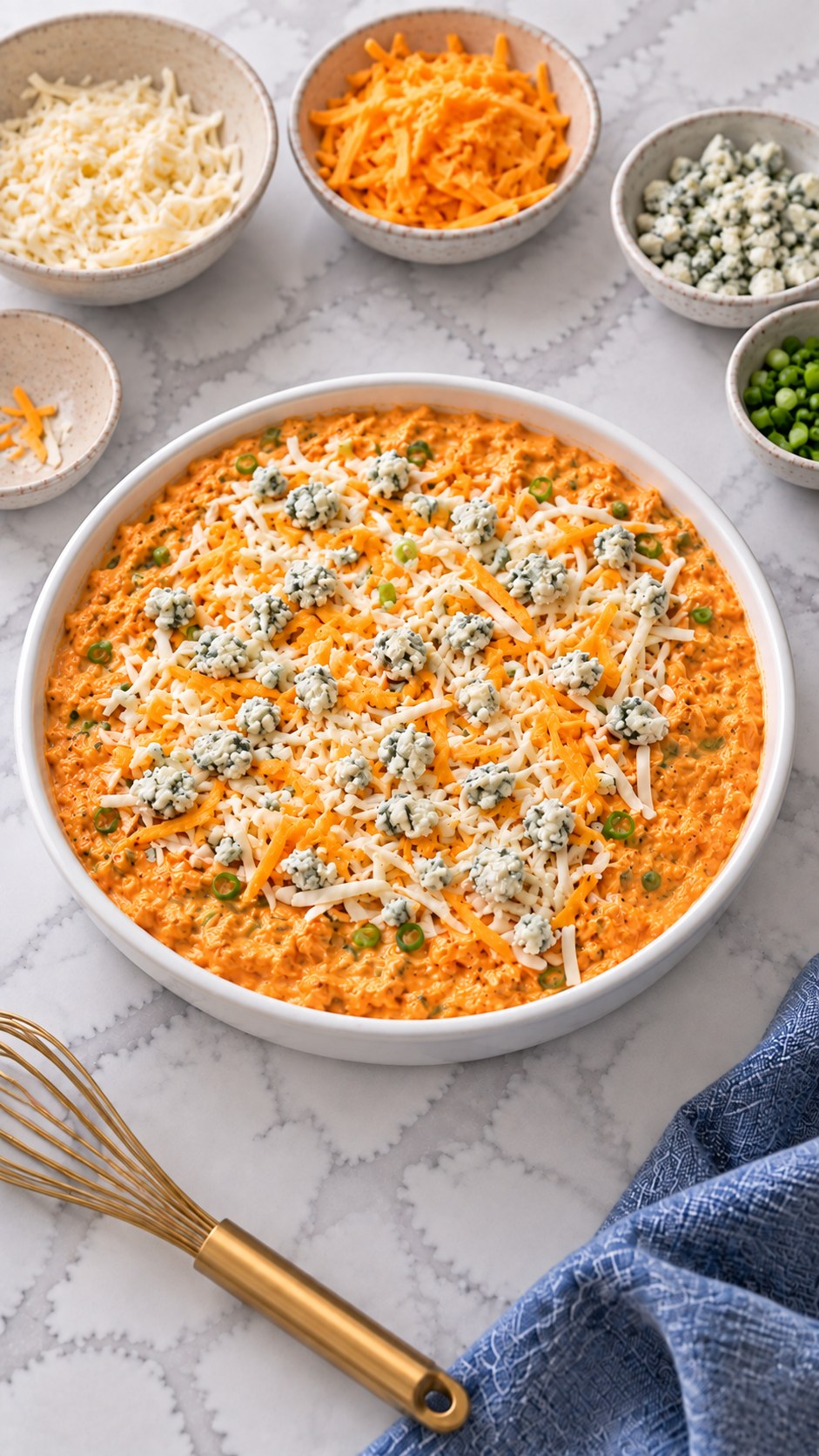 Unbaked buffalo chicken dip in a round white dish topped with shredded mozzarella, cheddar, and blue cheese crumbles.