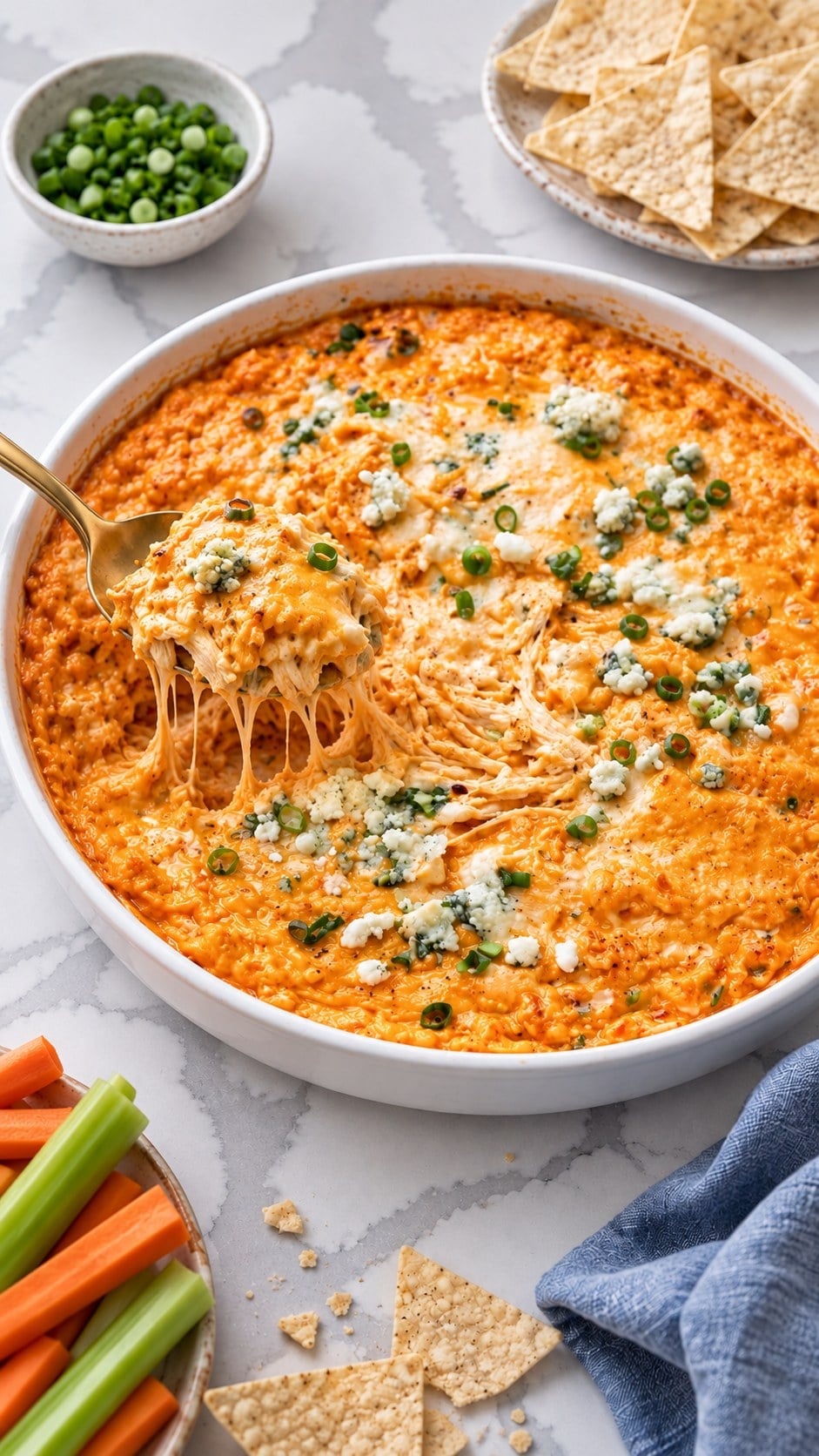 Spoonful of hot buffalo chicken dip with shredded chicken and melted cheese above a round white serving dish.