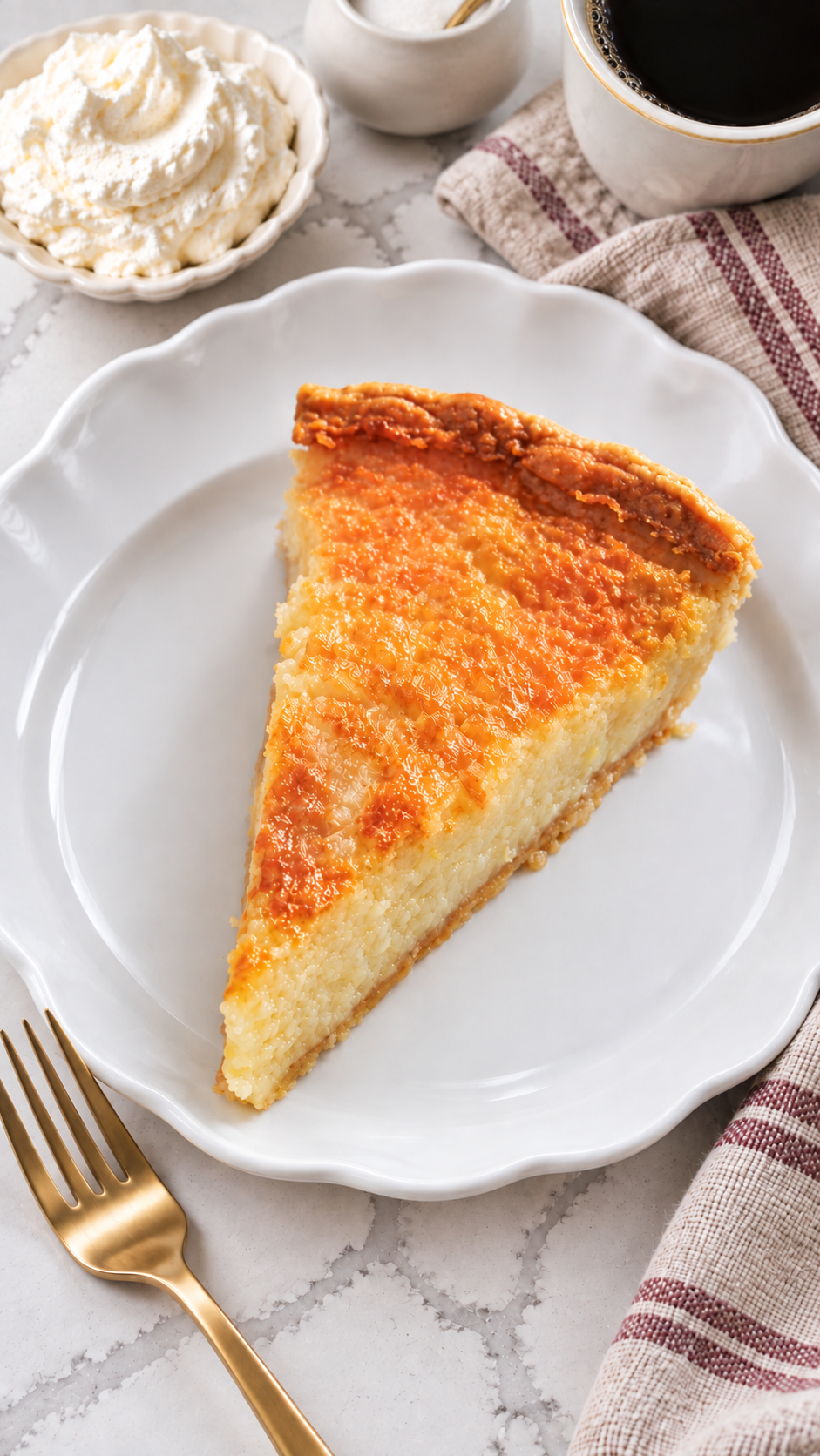 Higher-angle view of a buttermilk pie slice on a white plate