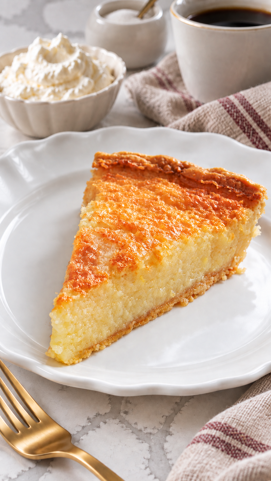 Close view of the custard filling and thin crust of buttermilk pie