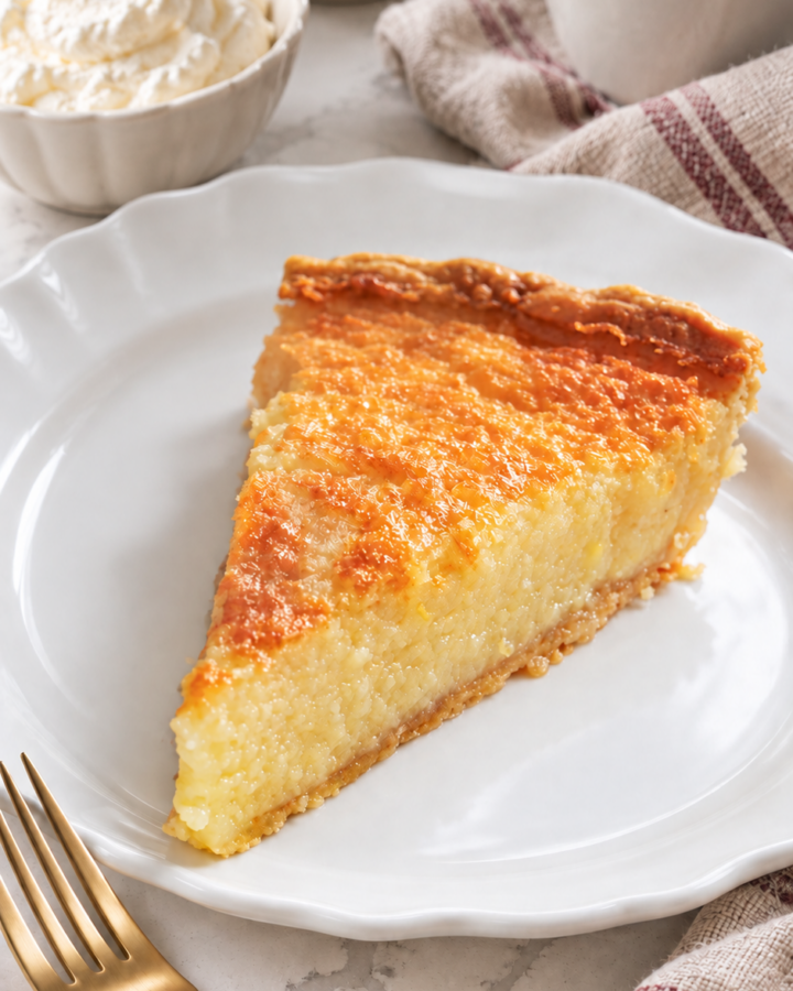 Buttermilk pie slice with a golden top and creamy filling, on a scalloped white plate beside coffee and whipped cream