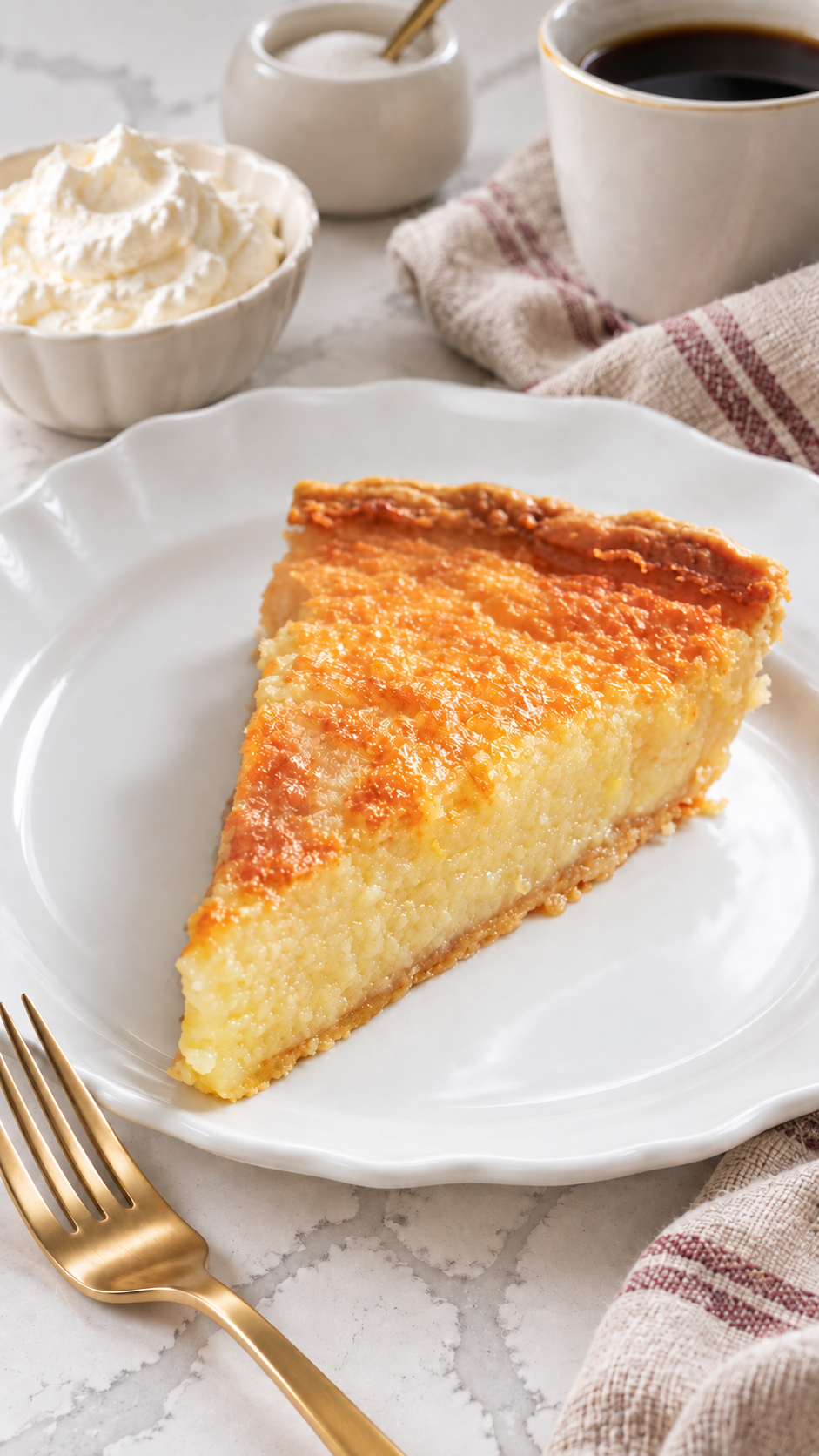 Buttermilk pie slice with a golden top and creamy filling, on a scalloped white plate beside coffee and whipped cream