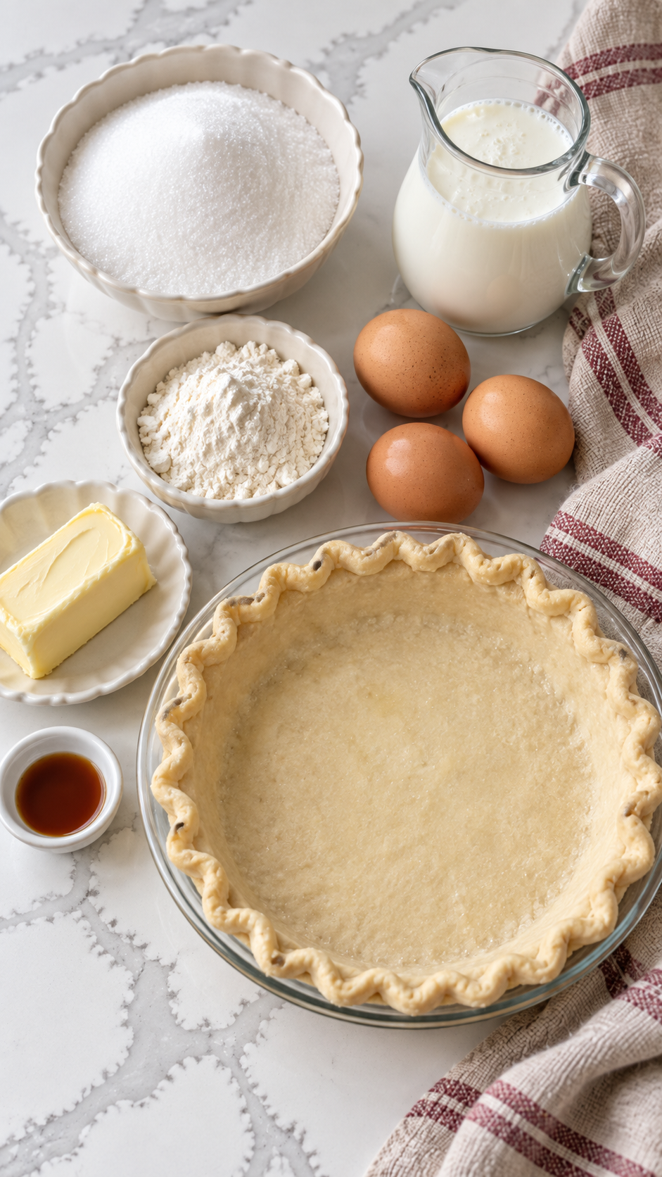 Butter, sugar, flour, three eggs, buttermilk, vanilla, and an unbaked pie crust