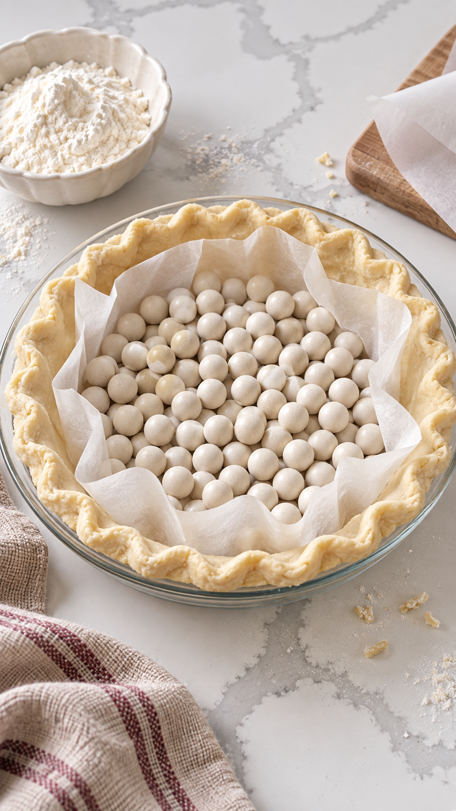 Unbaked pie crust lined with parchment and ceramic pie weights
