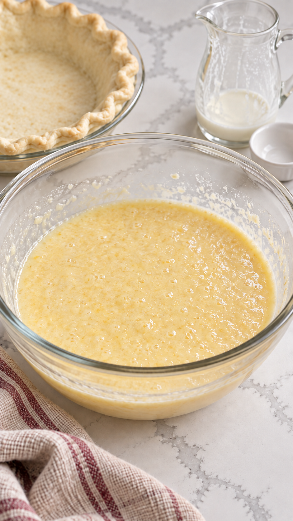 Mixed buttermilk pie filling in a glass bowl beside the partially baked crust
