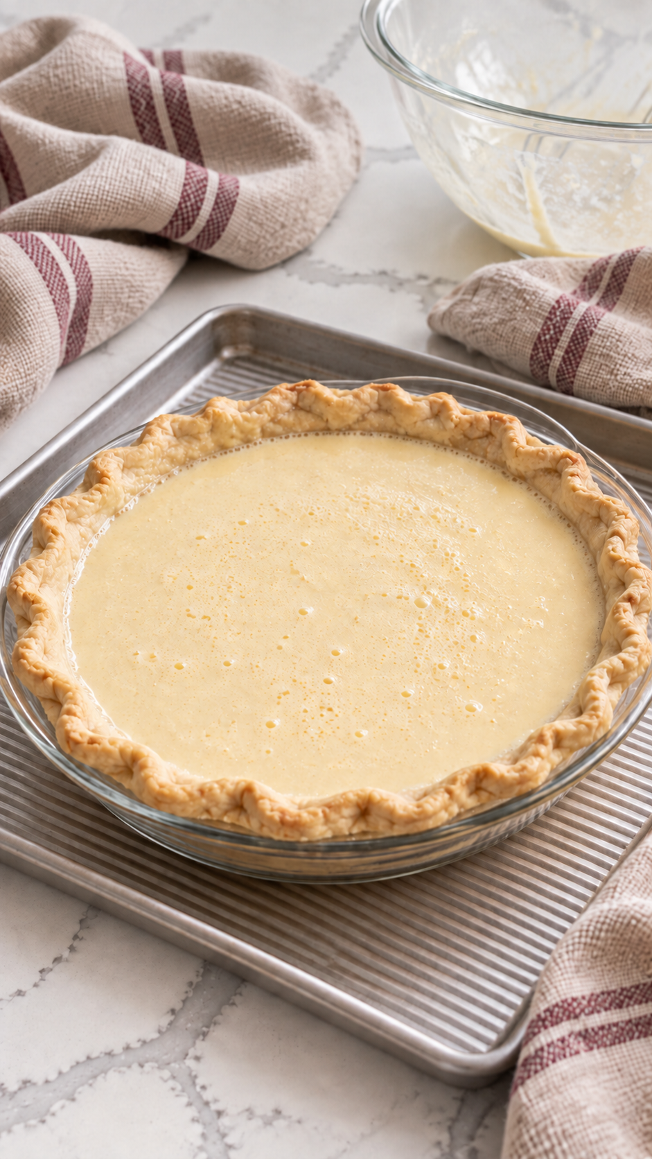 Liquid buttermilk filling in a partially baked crust on a rimmed baking sheet