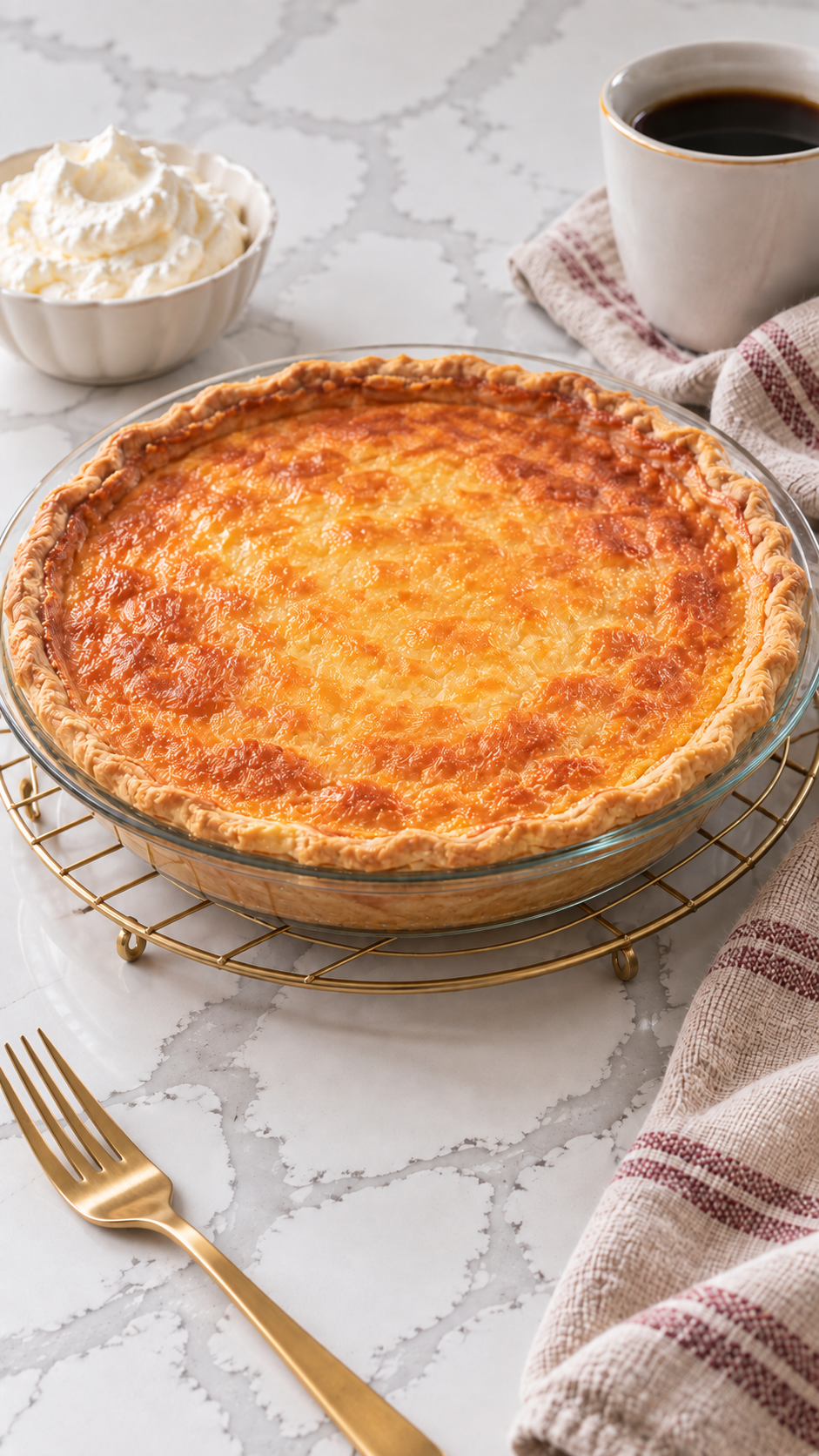 Golden buttermilk pie cooling in a glass pie plate on a wire rack