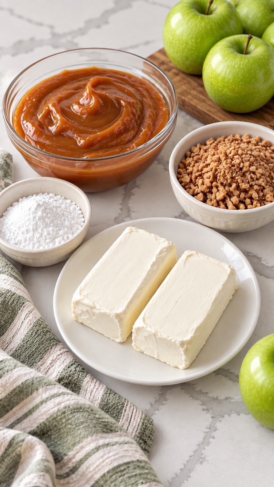 Cream cheese, powdered sugar, thick caramel dip, toffee bits and Granny Smith apples
