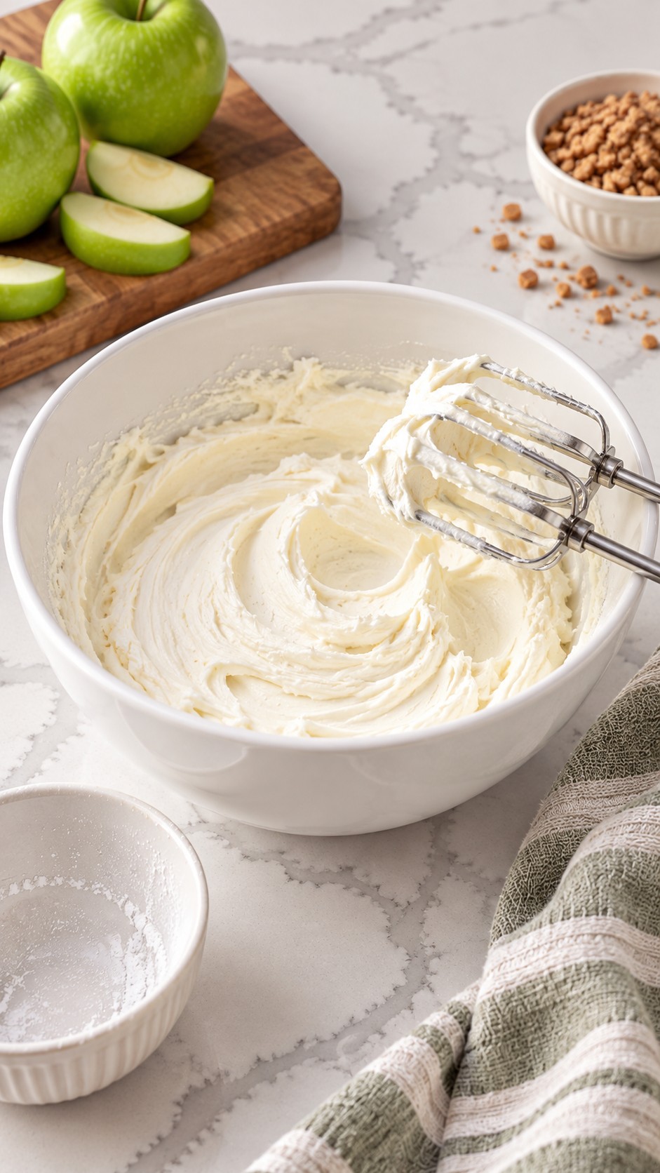 Cream cheese and powdered sugar beaten smooth in a white mixing bowl