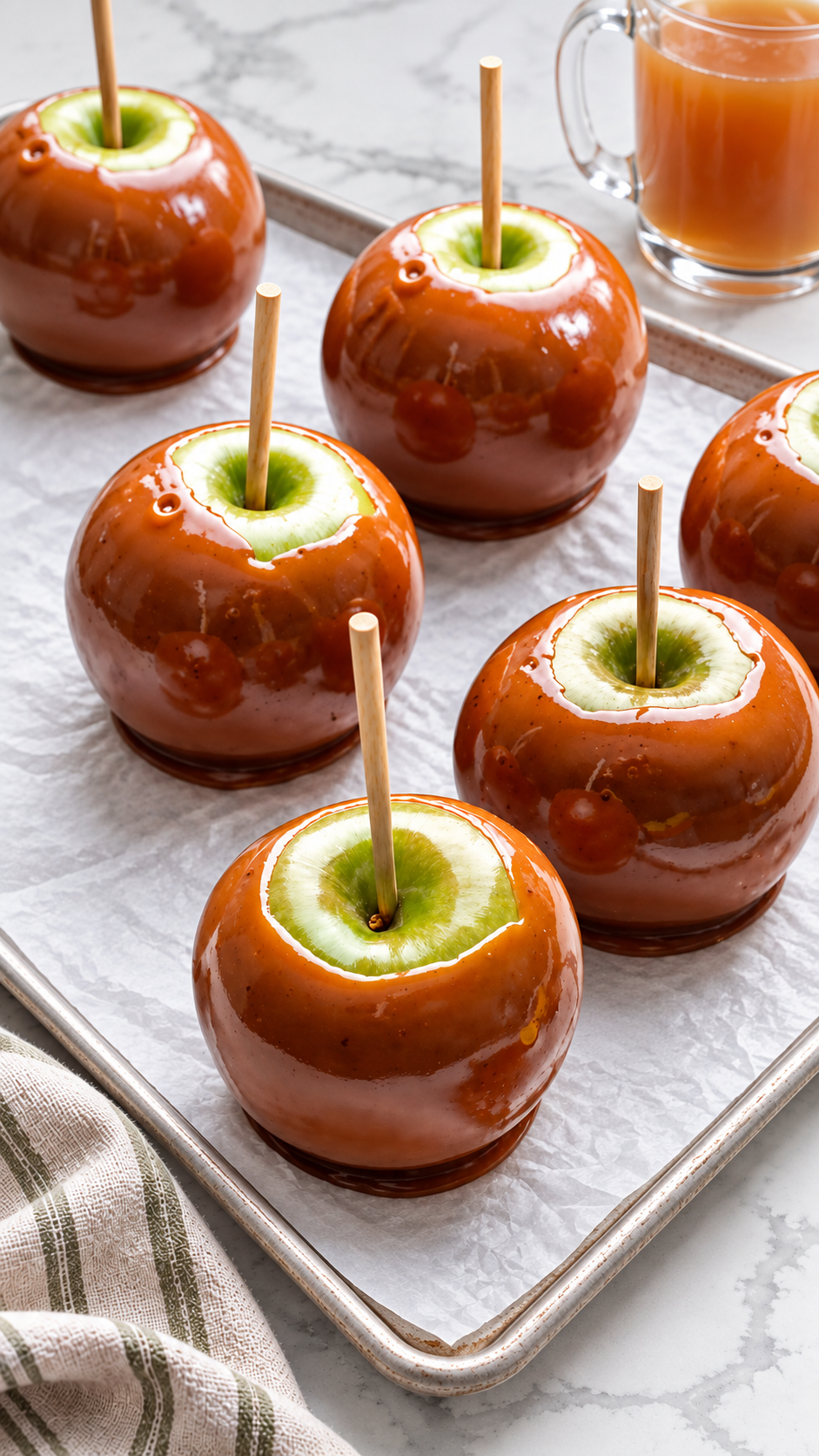 Finished homemade caramel apples ready to serve