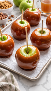 Granny Smith apples coated in glossy brown sugar caramel with wooden sticks