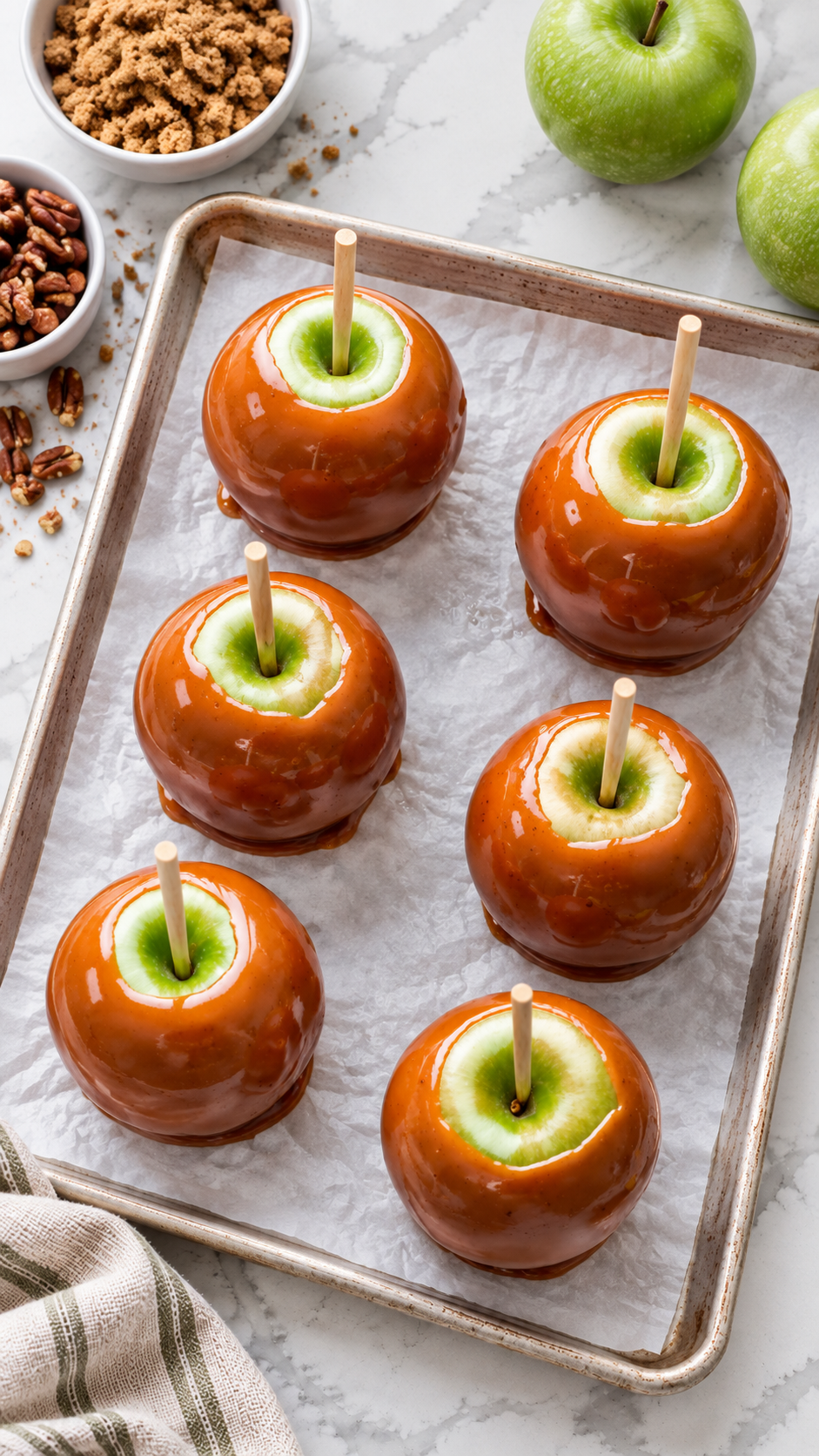 Homemade caramel apples on a parchment-lined baking sheet viewed from above