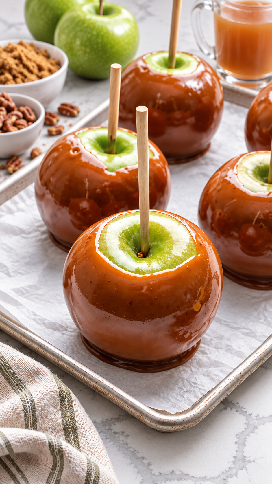 Caramel-coated green apples with glossy sides and wooden sticks