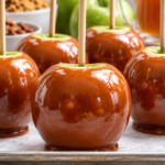 Straight-on view of glossy homemade caramel apples on a parchment-lined baking sheet