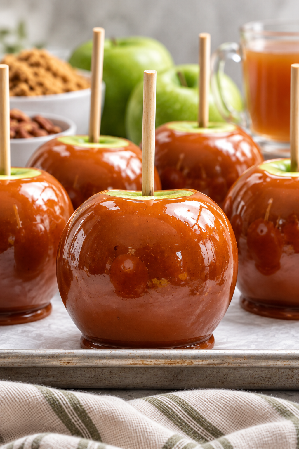 Straight-on view of glossy homemade caramel apples on a parchment-lined baking sheet