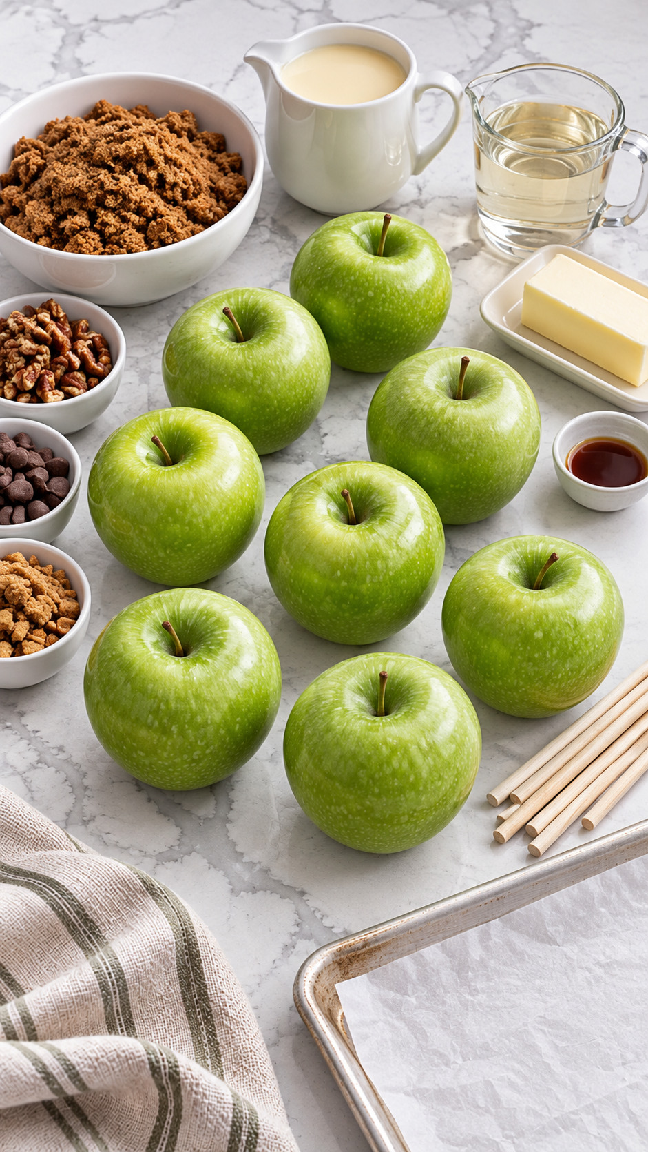 Apples, dark brown sugar, sweetened condensed milk, corn syrup, salted butter, and vanilla for caramel apples